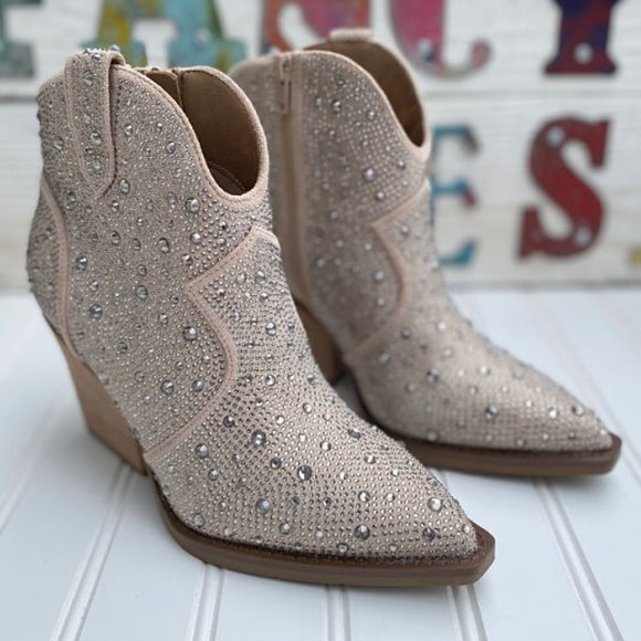 New Very G Austin Taupe Rhinestone Booties - Picture 1 of 4